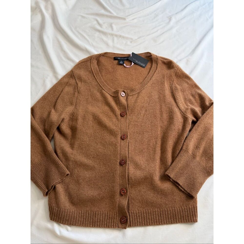 NWT Elena Solano 100% 2 Ply Cashmere Brown Cardigan Sweater Size XL New